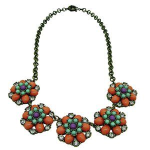 J. Crew Floral Necklace Motif Orange Turquoise Purple Chunky Bright Colors 18"